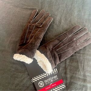 Isotoner Signature Brown Suede  Gloves with White faux fur Lining